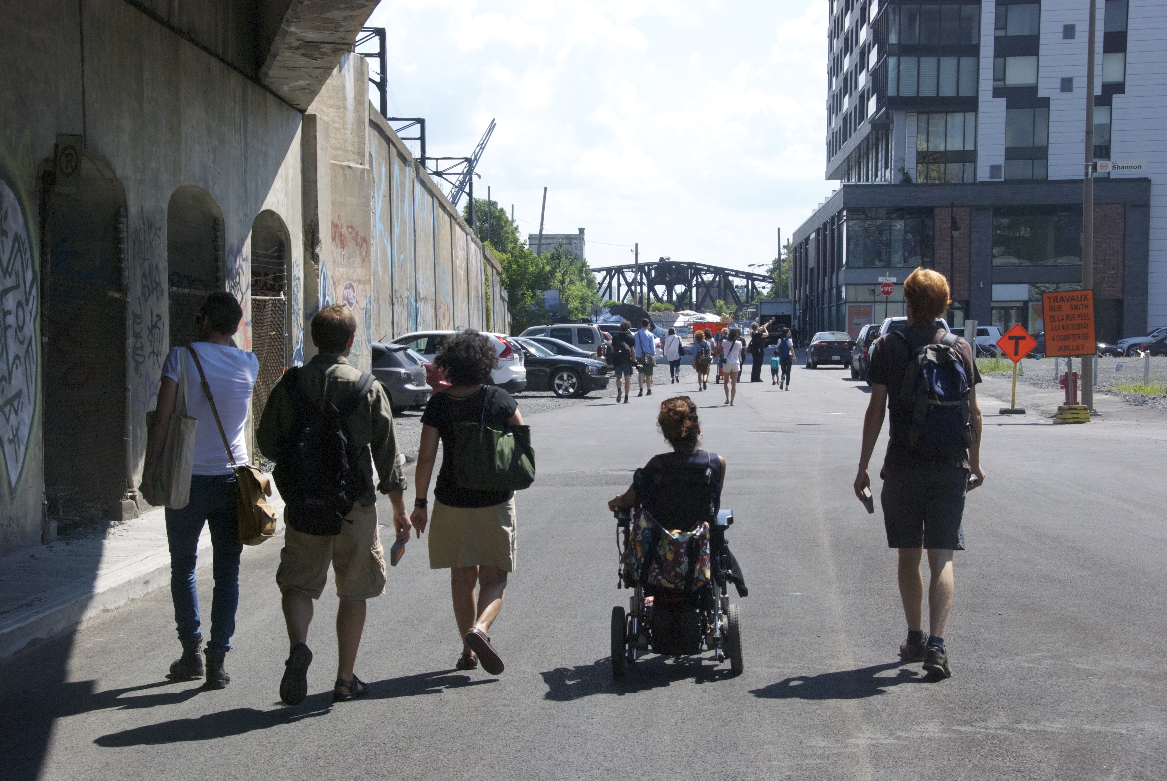 [Image 15 - Participants traversing Griffintown during the Spatial justice urban lab, 26 July 2014. Photo: C.Bédard]