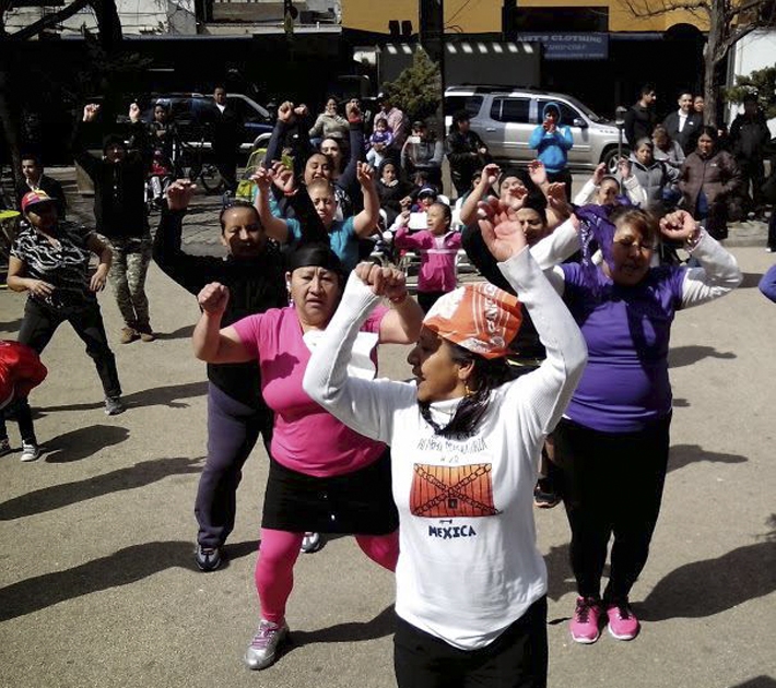Illustration 5. Immigrant Movement International (2010-ongoing). IMI Women’s Health group Mujeres en Movimiento exercise classes in Corona Plaza, led by Veronica Ramirez, 2014 Photograph courtesy of the Queens Museum.
