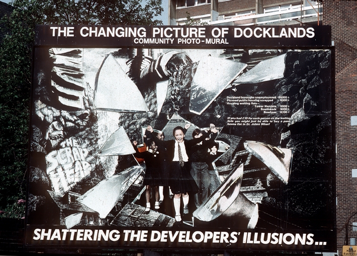 Illustration 4. Shattering the Developers’ Illusions, The seventh image from the first sequence of photo-murals each 18’ x 12’ (5.49m x 3.66m) from series “The Changing Picture of Docklands.” exploring issues surrounding the re-development of the London Docklands from the viewpoint of local communities. © Peter Dunn and Loraine Leeson, Docklands Community Poster Project, 1982-5. Photograph courtesy of artist Loraine Leeson.