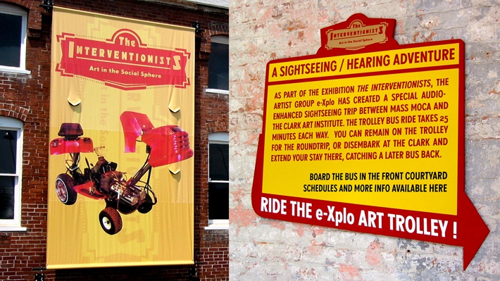 Illustration 7. Detail of MASS MoCA exterior advertising The Interventionists including Ruben Ortiz’s low-rider lawn mower and e-Xplo’s local sight-seeing Art Trolley.