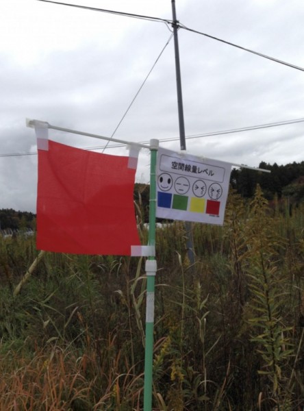 [Image 6. A sign indicating the level of radioactivity placed by the local community, November 10, 2015.]