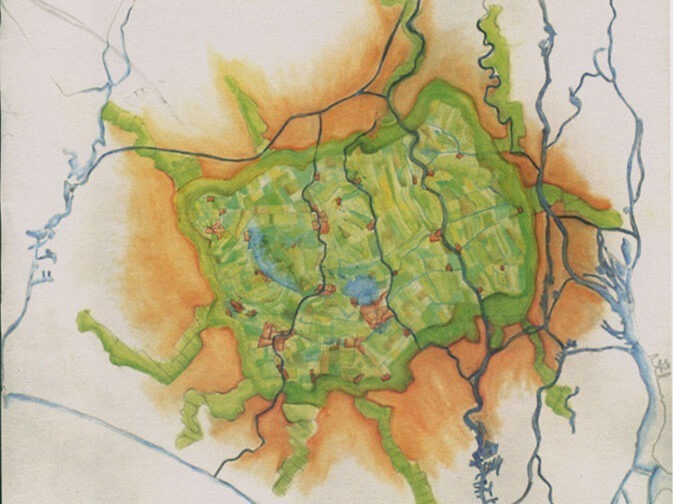 The Green heart mapping that makes clear the relationship Of the 35 villiages and two towns to 800 square kilometers of farm land, pastures, and nature reserve